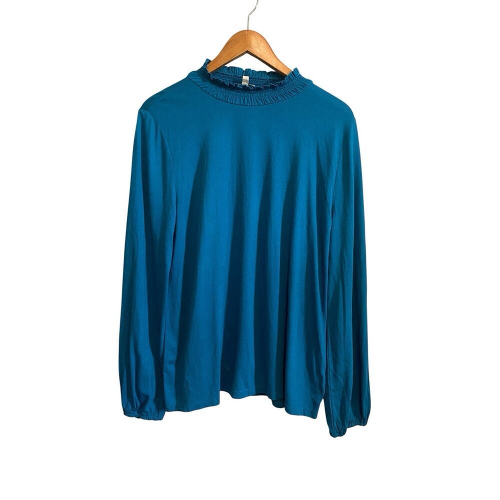 Talbots Ruffle Collar Mock Neck Blue Long Sleeve T-Shirt XL NWT Casual Basic Top